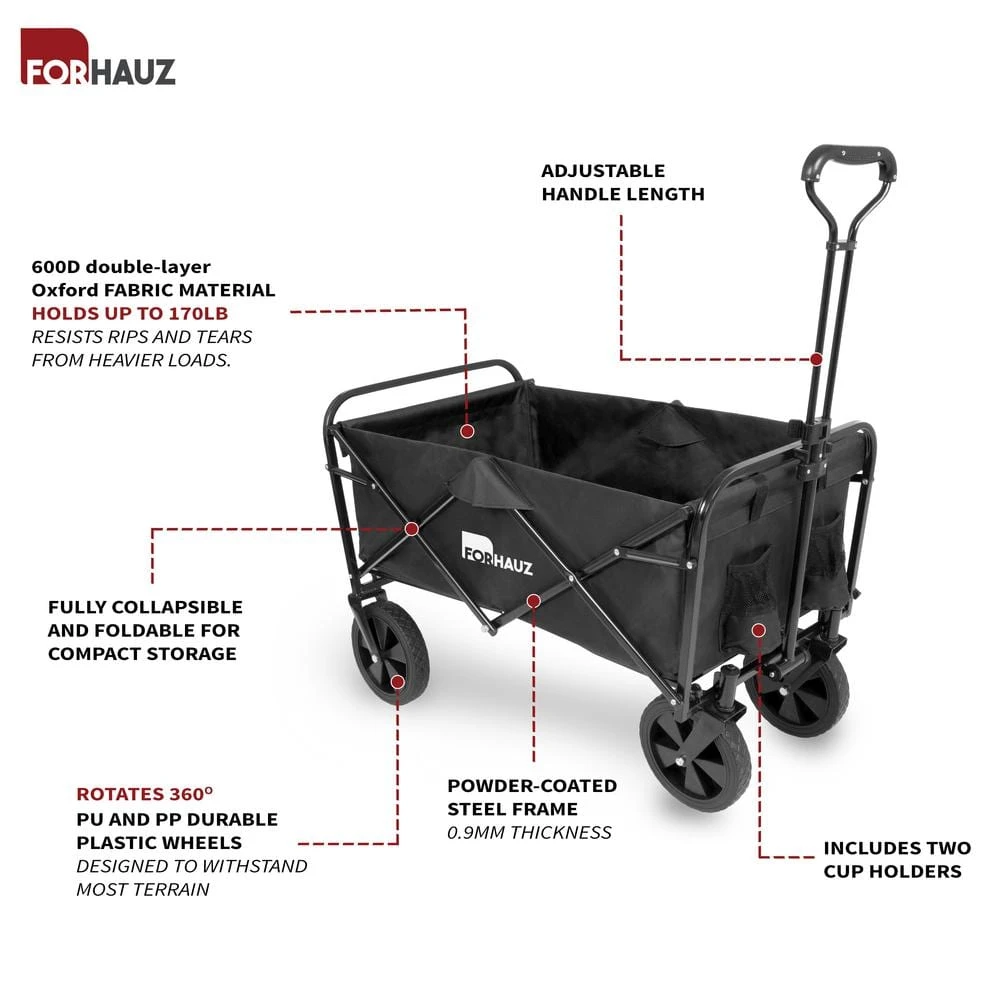 3.88 cu.ft. 600D double-layer Oxford Fabric Steel Frame Outdoor Garden Cart Collapsible Folding Wagon, Black by FORHAUZ 5 3.88 cu.ft. 600D double-layer Oxford Fabric Steel Frame Outdoor Garden Cart Collapsible Folding Wagon, Black by FORHAUZ - Image 3