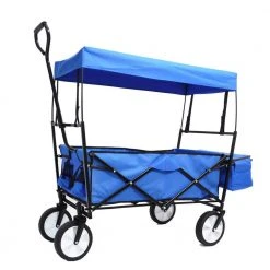 2.6 cu. ft. Folding Utility Cargo Wagon Fabric Garden Cart in Blue with Removable Canopy and Cup Holders by Afoxsos