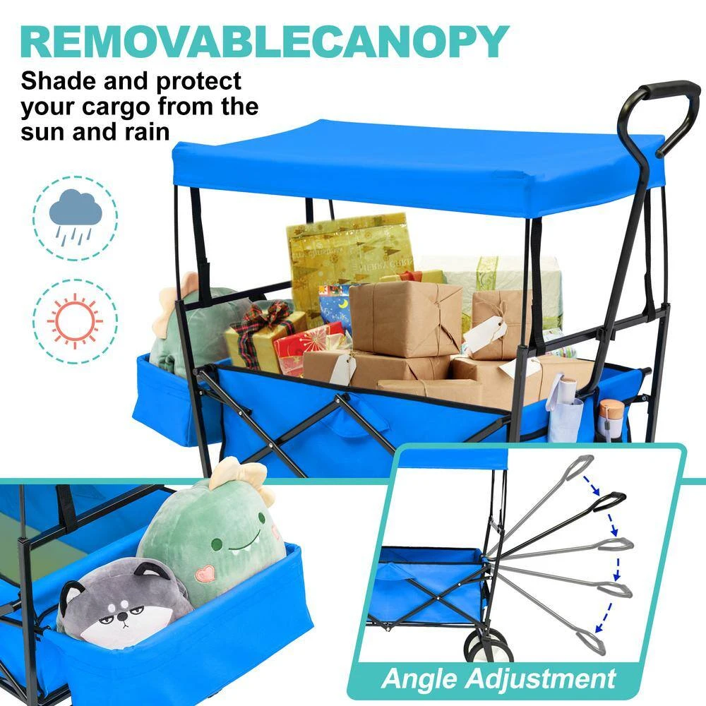 3.7 cu. ft. Collapsible Utility Cargo Wagon Fabric Garden Cart in Blue with Removable Canopy and Cup Holders by Afoxsos 6 3.7 cu. ft. Collapsible Utility Cargo Wagon Fabric Garden Cart in Blue with Removable Canopy and Cup Holders by Afoxsos - Image 4