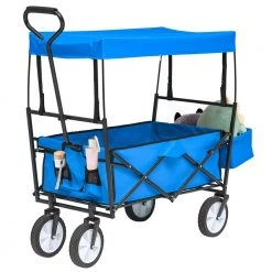 3.7 cu. ft. Collapsible Utility Cargo Wagon Fabric Garden Cart in Blue with Removable Canopy and Cup Holders by Afoxsos