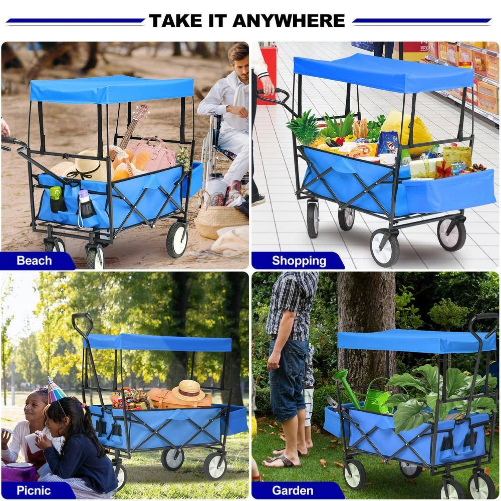 3.7 cu. ft. Collapsible Utility Cargo Wagon Fabric Garden Cart in Blue with Removable Canopy and Cup Holders by Afoxsos 4 3.7 cu. ft. Collapsible Utility Cargo Wagon Fabric Garden Cart in Blue with Removable Canopy and Cup Holders by Afoxsos - Image 2