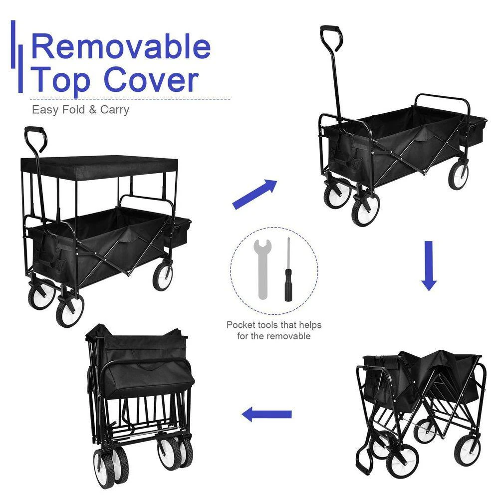2 cu. ft. Black Steel Heavy-Duty Folding Portable Hand Garden Cart with Removable Canopy 8 in. Wheels Adjustable Handles by BANSA ROSE 8 2 cu. ft. Black Steel Heavy-Duty Folding Portable Hand Garden Cart with Removable Canopy 8 in. Wheels Adjustable Handles by BANSA ROSE - Image 6