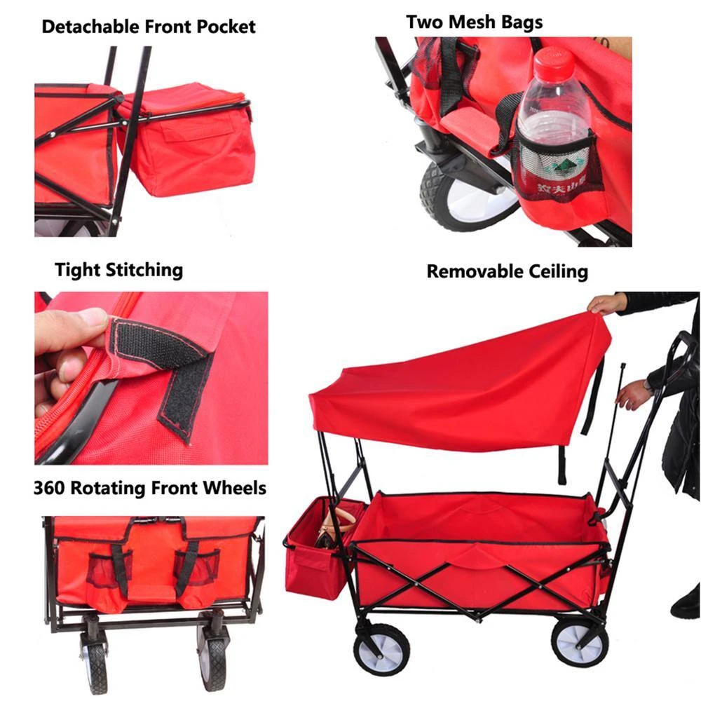 2.4 cu.ft. Metal Folding Wagon Garden Cart with Canopy in Red by Unbranded 6 2.4 cu.ft. Metal Folding Wagon Garden Cart with Canopy in Red by Unbranded - Image 4
