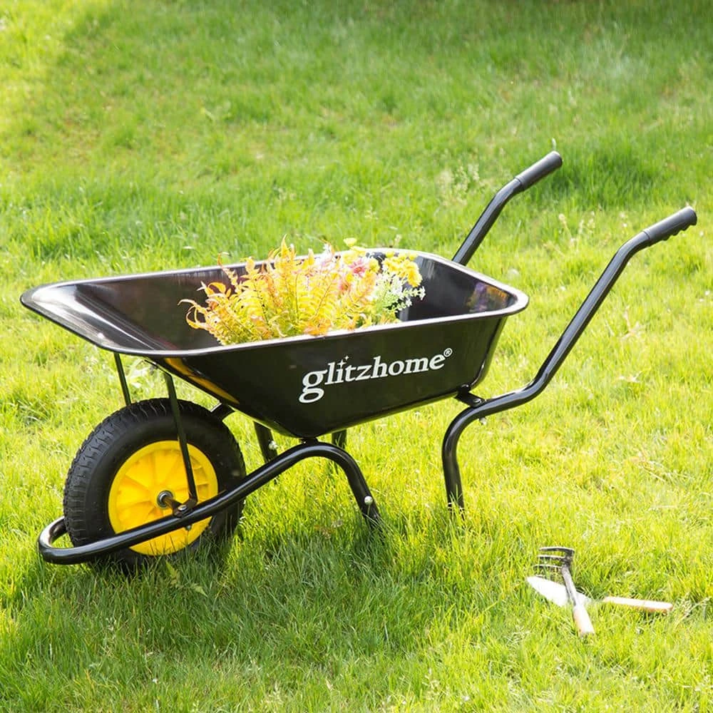 4.7 cu. ft. Black Steel Framed Plastic Garden Wheelbarrow Utility Dump Cart by Glitzhome 4 4.7 cu. ft. Black Steel Framed Plastic Garden Wheelbarrow Utility Dump Cart by Glitzhome - Image 2